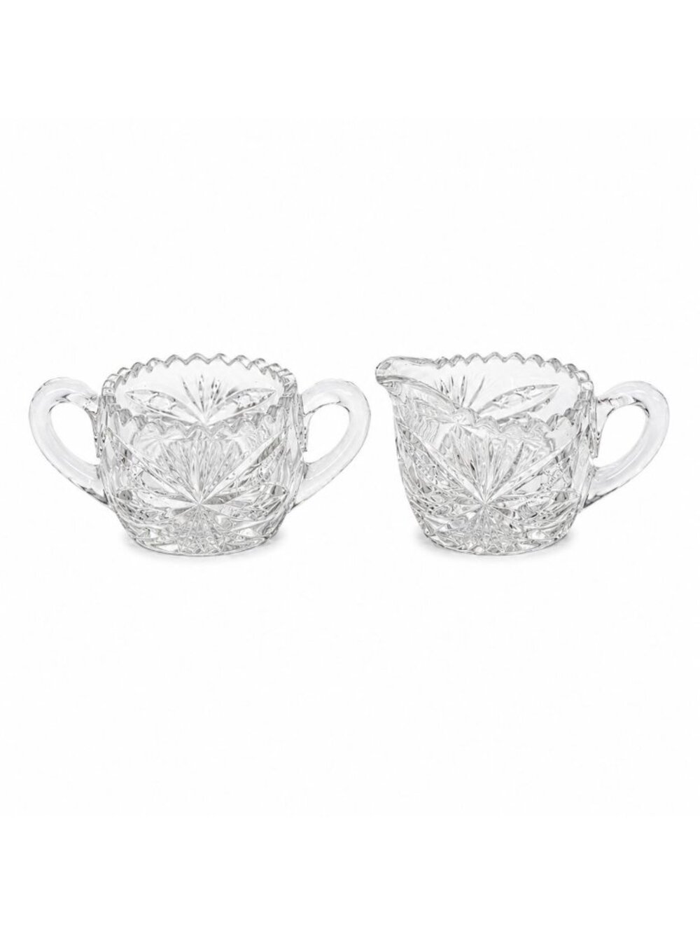 Creamer and Sugar Bowl Set Leaded Crystal American Brilliant Period Antique Repl